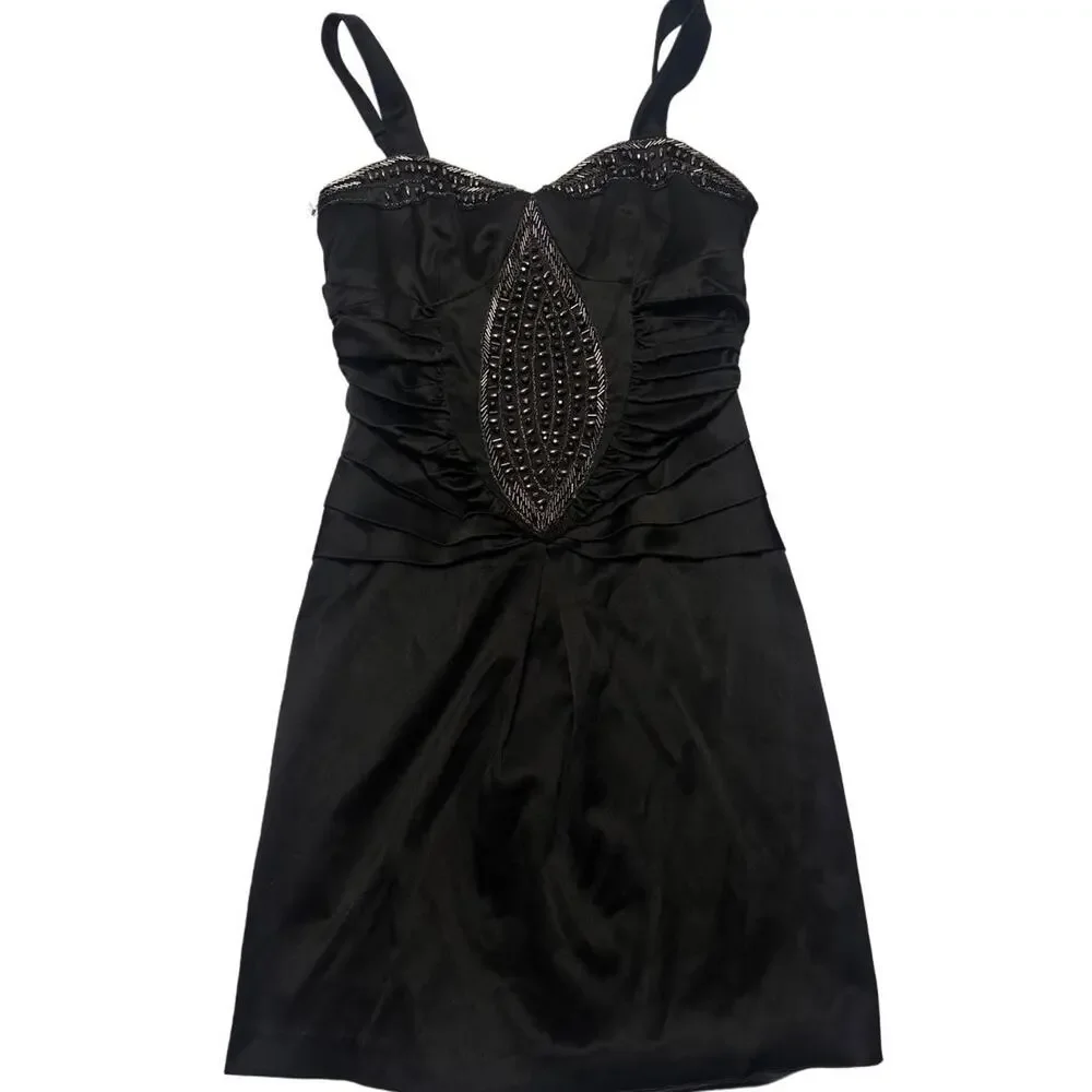 Nikibiki Size Small Vintage Black Sequin Beaded Bodice Mini Dress Ruched Detail